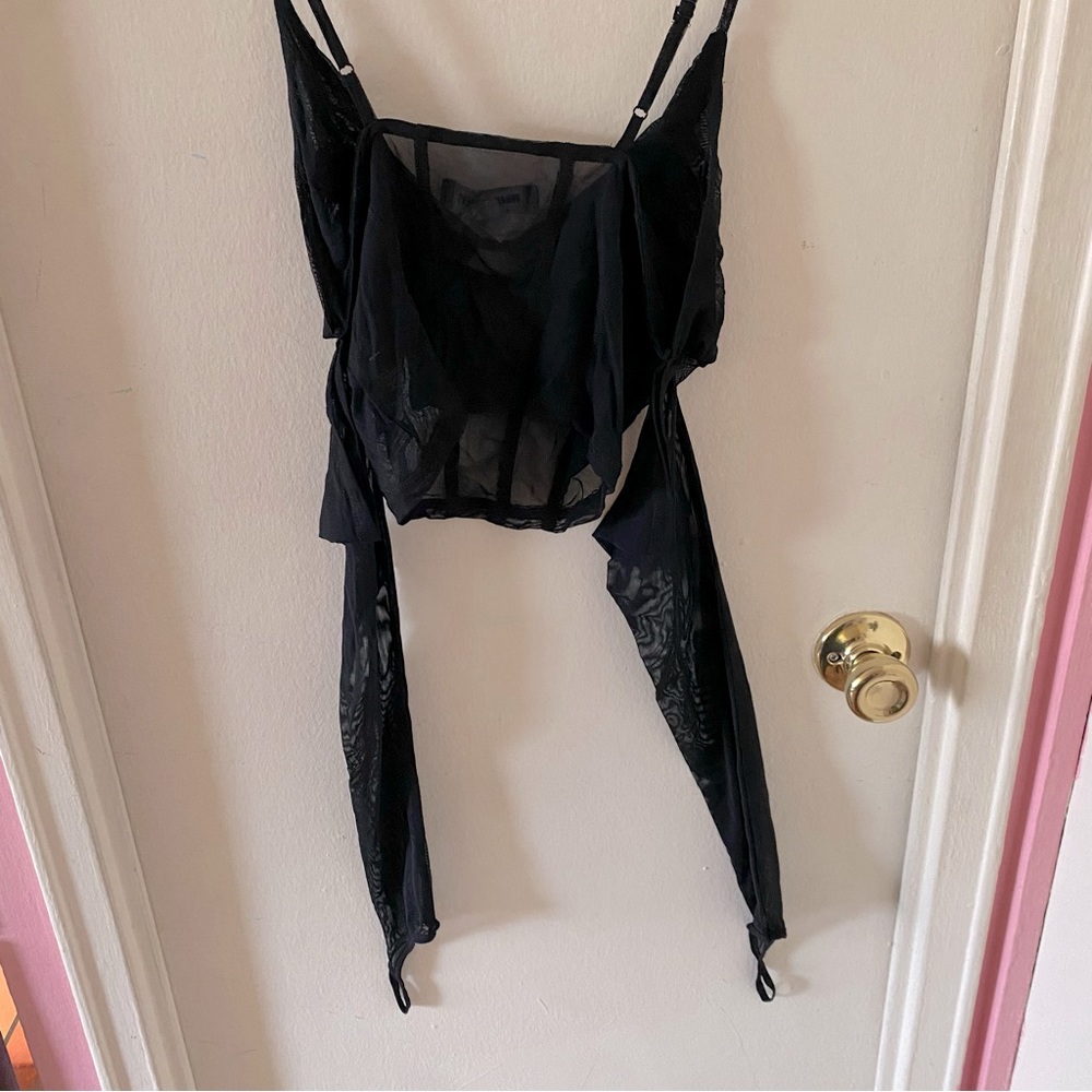 Urban Outfitters Mesh Crop Top w Rhinestone Ribbons and Attached Mesh Sleeves - Picture 3 of 4